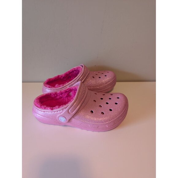 NEW Pink Glitter Crocs Kids Fuzzy Lined Classic Clogs Size J1 - Picture 1 of 9